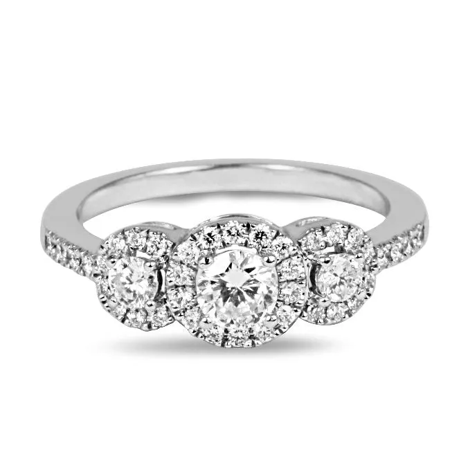 0.54ct Halo Brilliant Cut Three Stone Diamond Ring