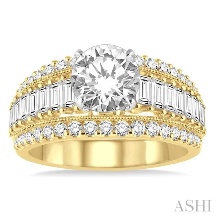 1 1/3 Ctw Baguette and Round Cut Diamond Semi-Mount Engagement Ring in 14K Yellow and White Gold