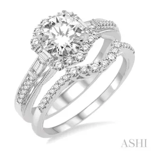 1 1/3 Ctw Diamond Wedding Set with 1 1/10 Ctw Round Cut Engagement Ring and 1/5 Ctw Wedding Band in 14K White Gold