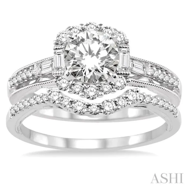 1 1/3 Ctw Diamond Wedding Set with 1 1/10 Ctw Round Cut Engagement Ring and 1/5 Ctw Wedding Band in 14K White Gold