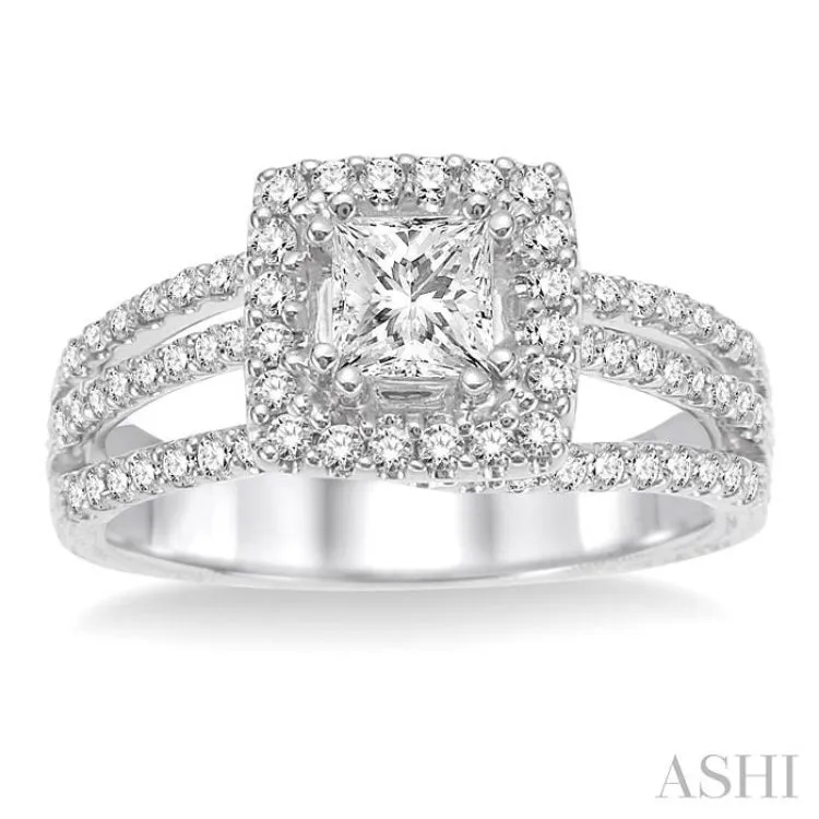 1 1/6 Ctw Diamond Engagement Ring with 1/2 Ct Princess Cut Center Stone in 14K White Gold