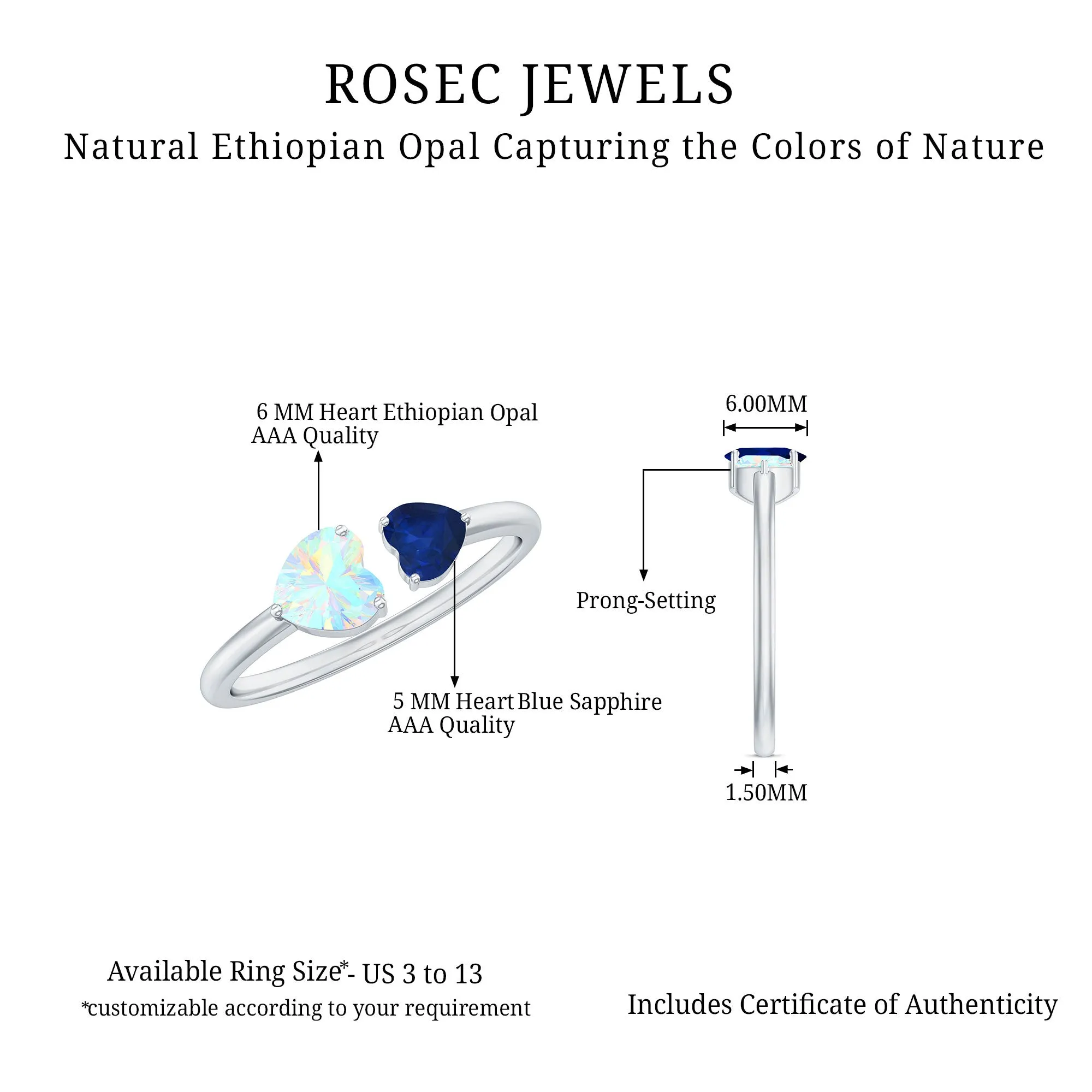 1 CT Blue Sapphire and Ethiopian Opal Toi Et Moi Heart Ring