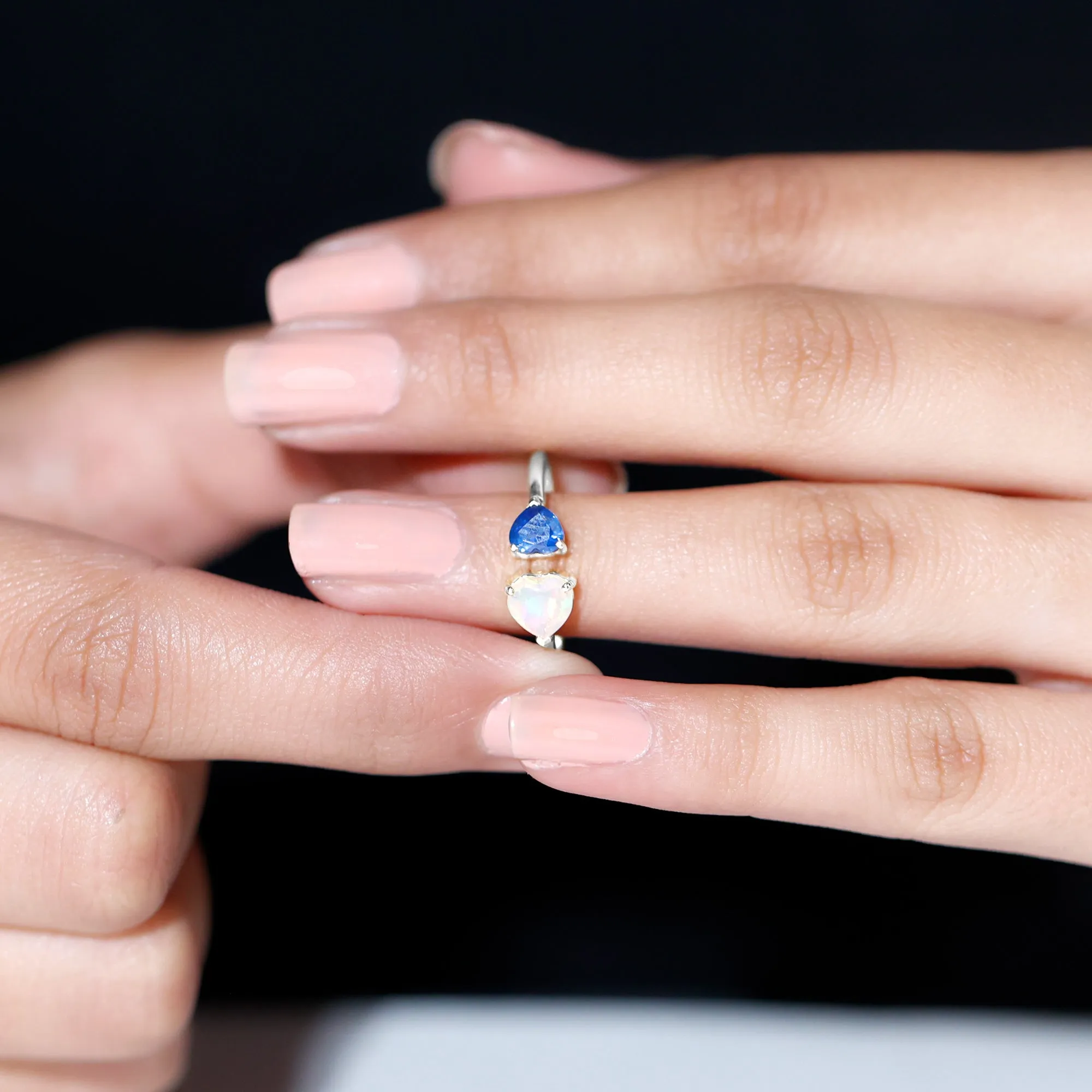 1 CT Blue Sapphire and Ethiopian Opal Toi Et Moi Heart Ring