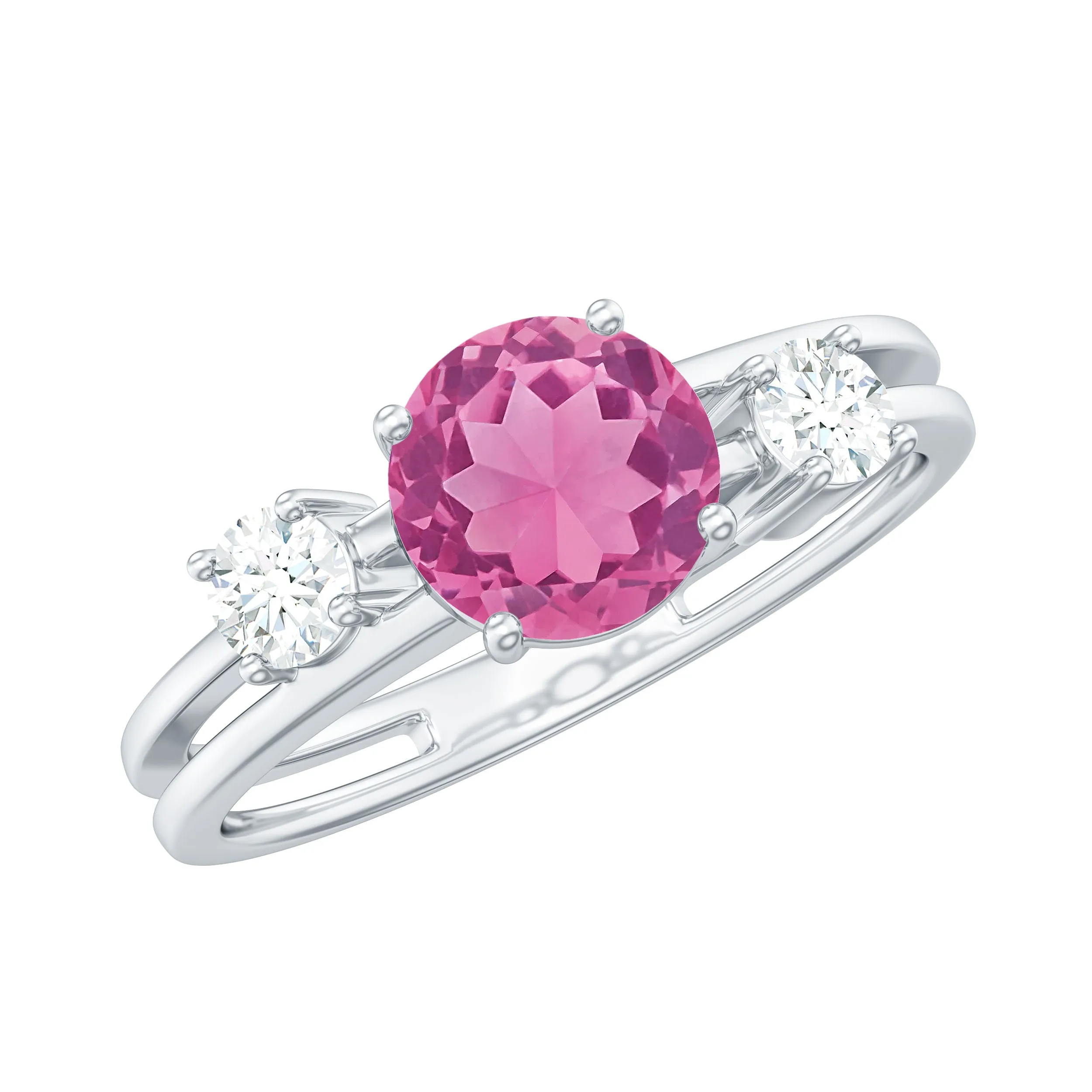 1 CT Genuine Pink Tourmaline Solitaire Double Band Ring with Diamond