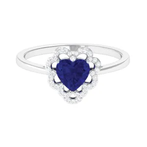 1 CT Heart Lab Created Blue Sapphire Designer Engagement Ring with Diamond