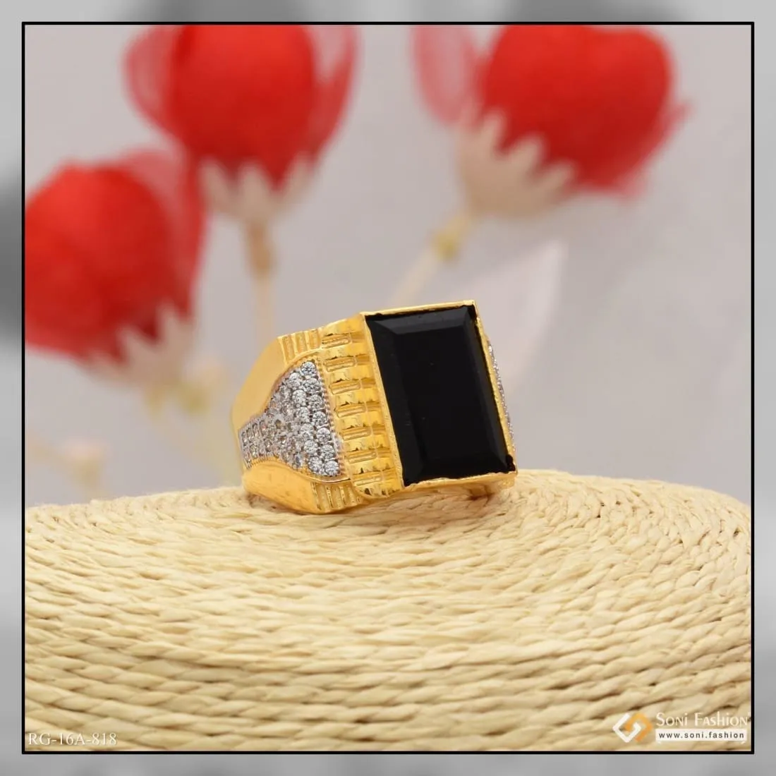 1 Gram Gold Forming Black Stone With Diamond Funky Design Ring For Men - Style A818