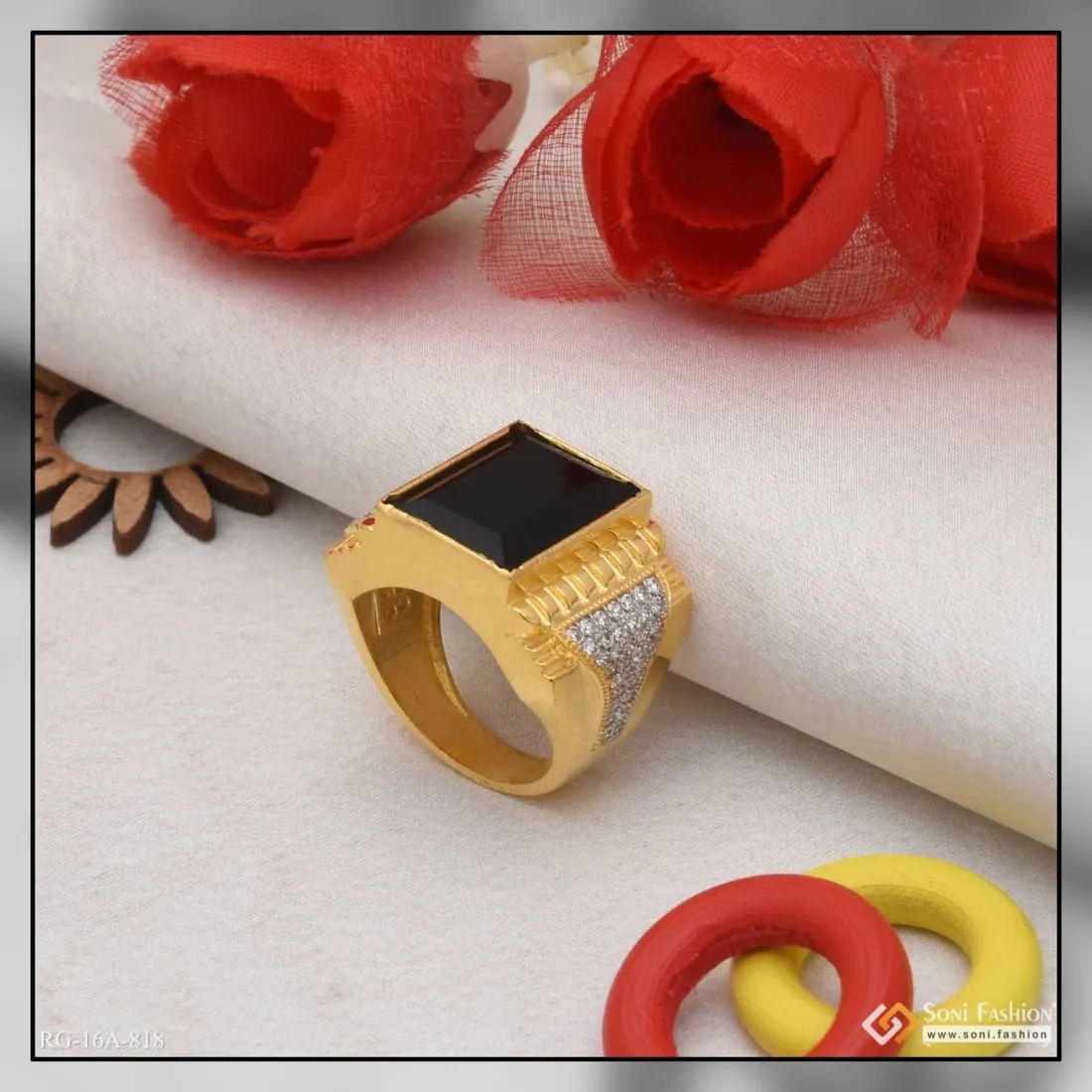 1 Gram Gold Forming Black Stone With Diamond Funky Design Ring For Men - Style A818