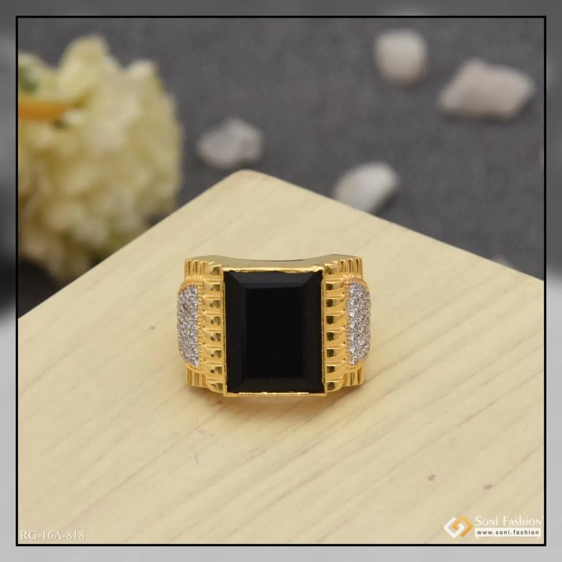 1 Gram Gold Forming Black Stone With Diamond Funky Design Ring For Men - Style A818