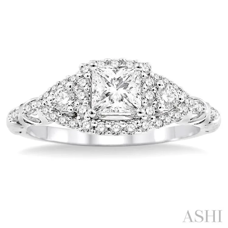 1/2 Ctw Round Cut Diamond Engagement Ring with 1/5 Ct Princess Cut Center Stone in 14K White Gold