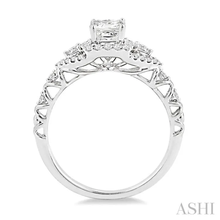 1/2 Ctw Round Cut Diamond Engagement Ring with 1/5 Ct Princess Cut Center Stone in 14K White Gold