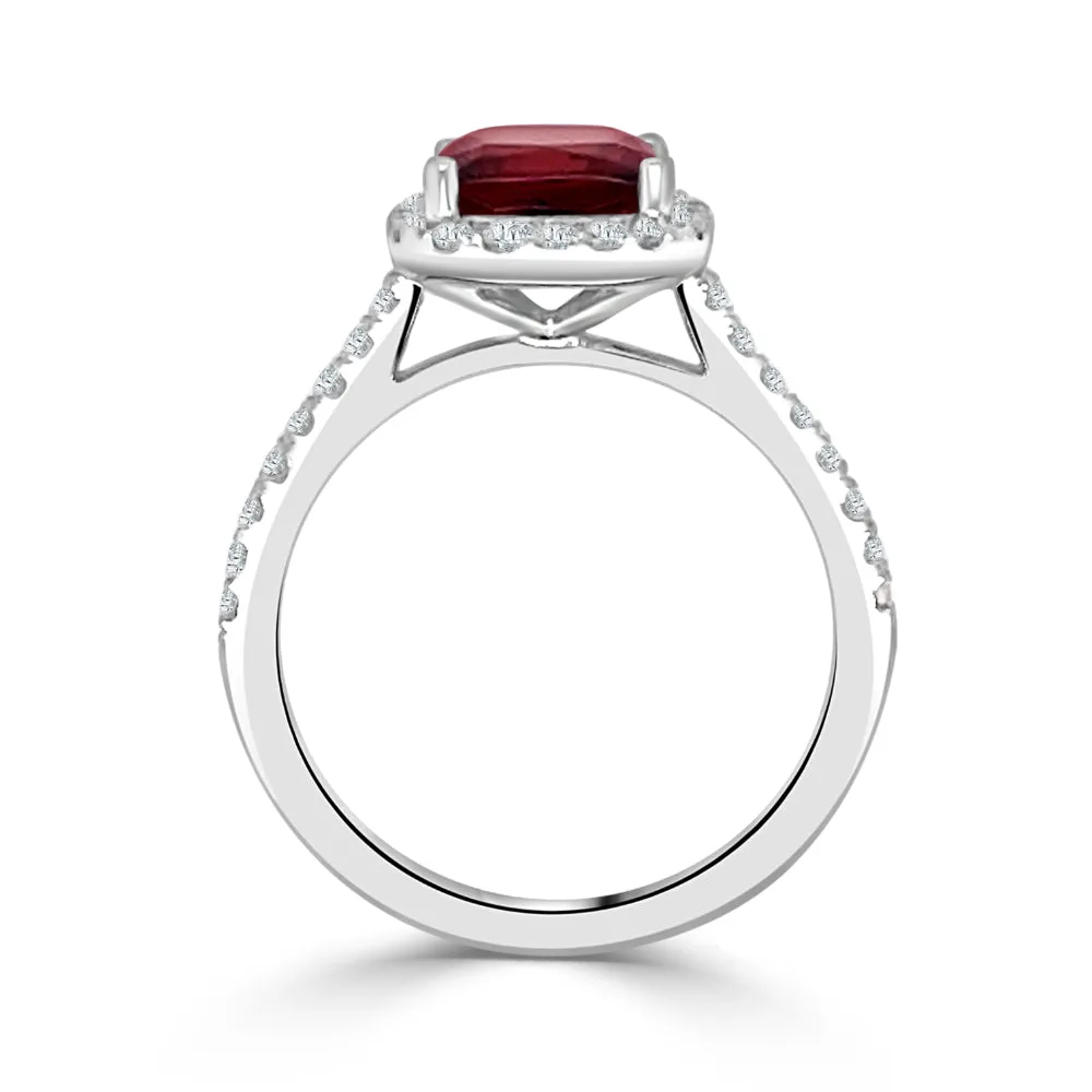 14k Gold 7mm Cushion Cut Garnet and Diamond Ring