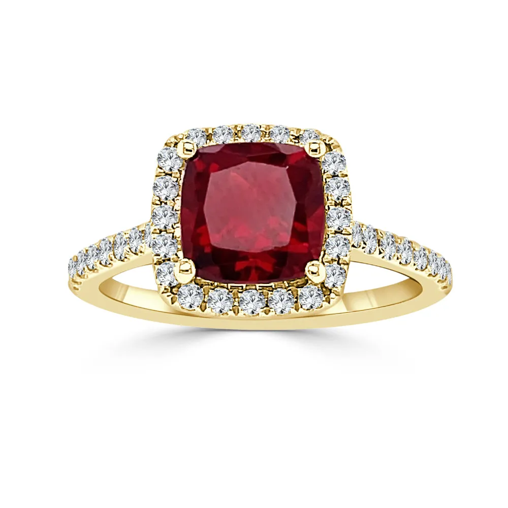 14k Gold 7mm Cushion Cut Garnet and Diamond Ring