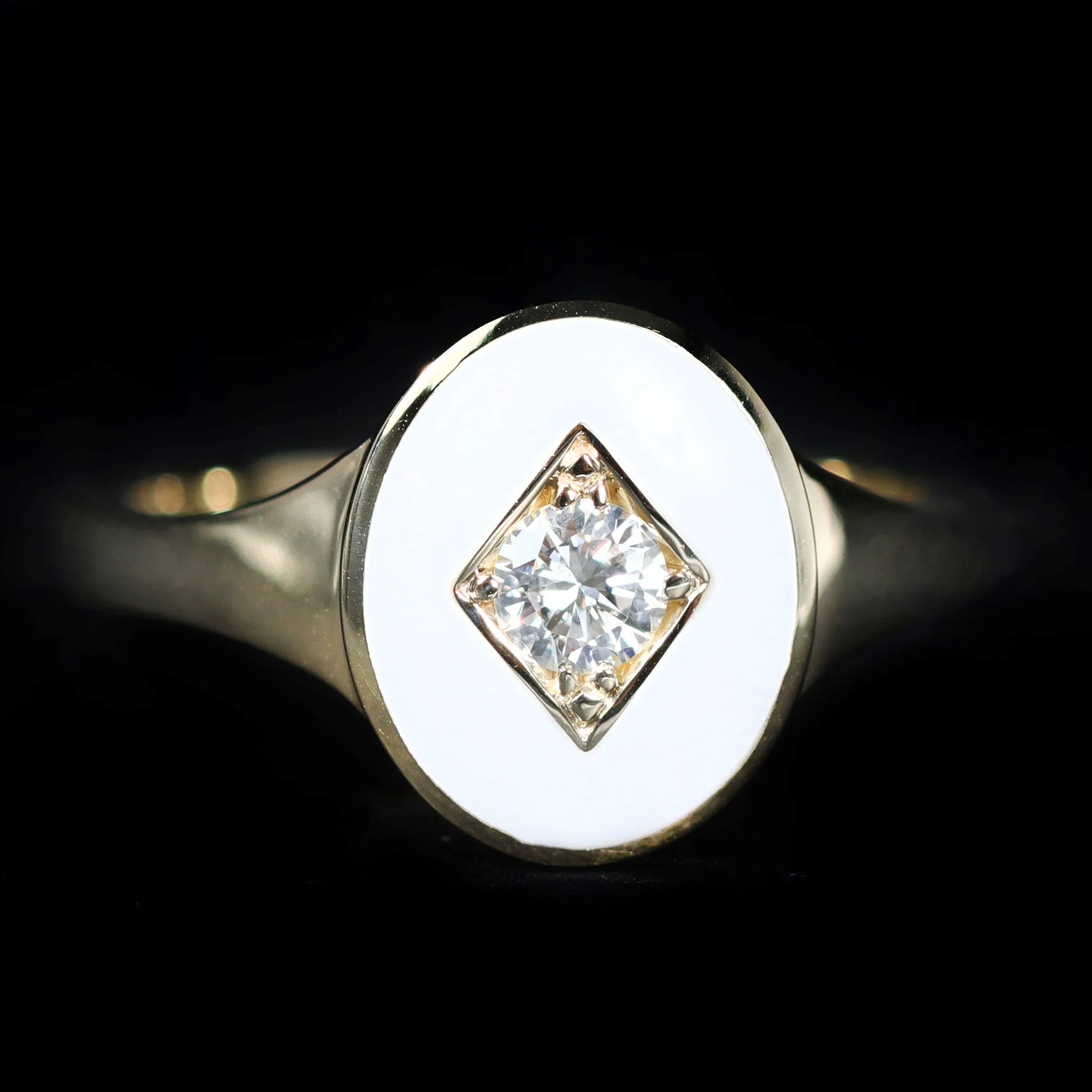 14k Yellow Gold 0.18 Carat Diamond and Enamel Signet Ring