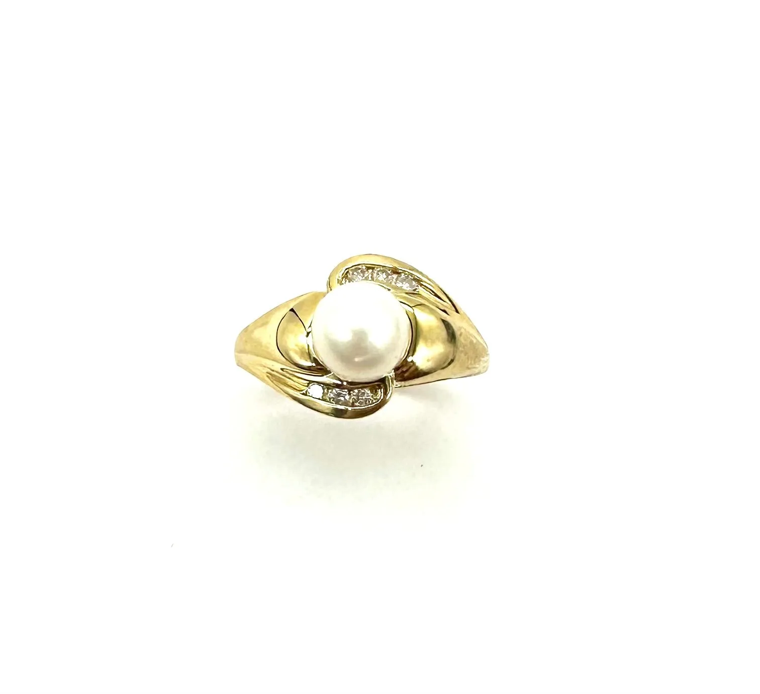 14K Yellow Gold Pearl Ring with Channel Set Diamond Accent Stones