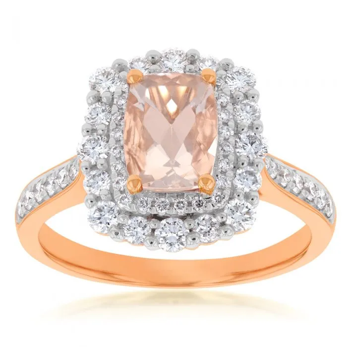 18ct Rose Gold 1.25 Carat Morganite and Diamond Double Halo Ring