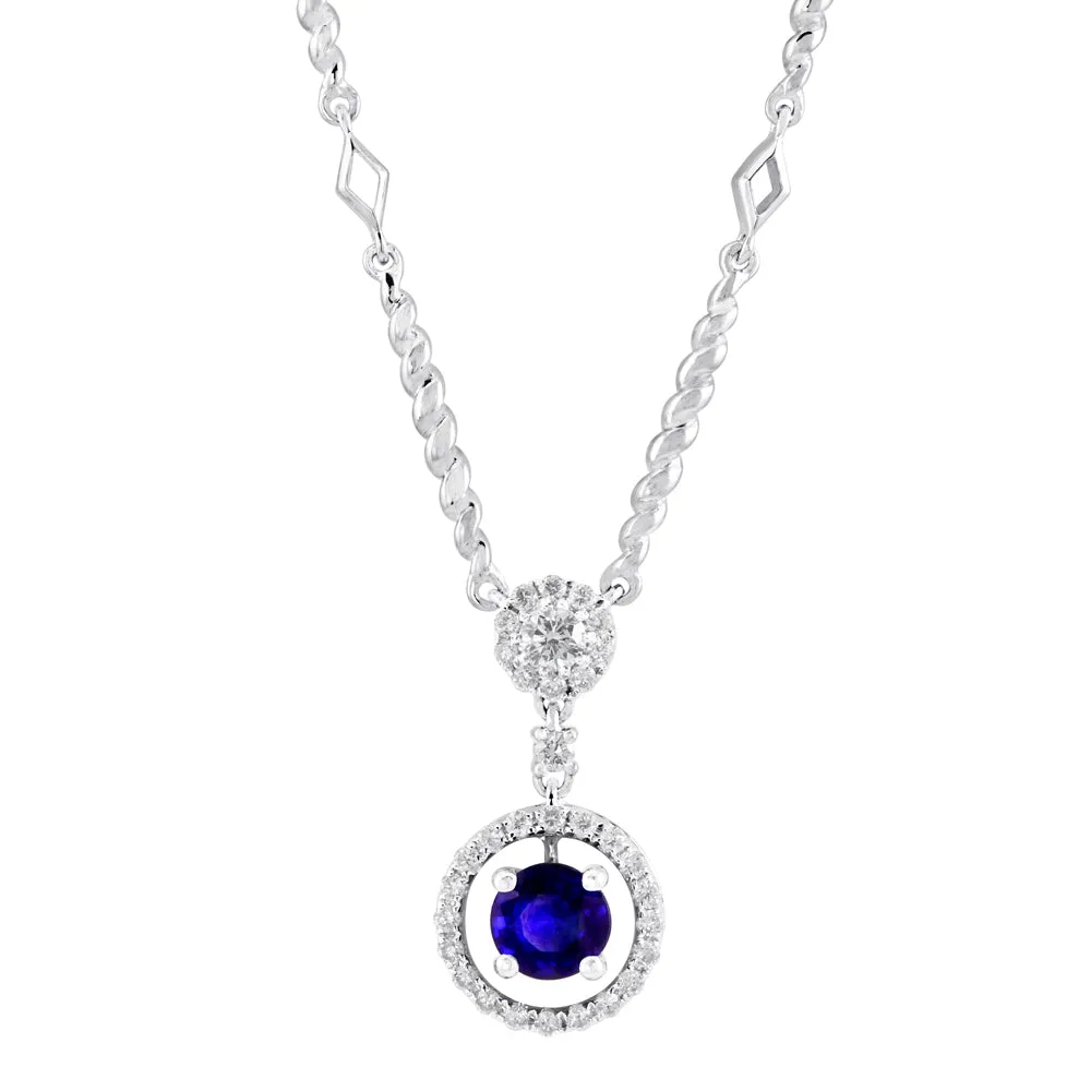 18ct White Gold 0.63ct Sapphire and 0.33ct Diamond Drop Halo Necklace