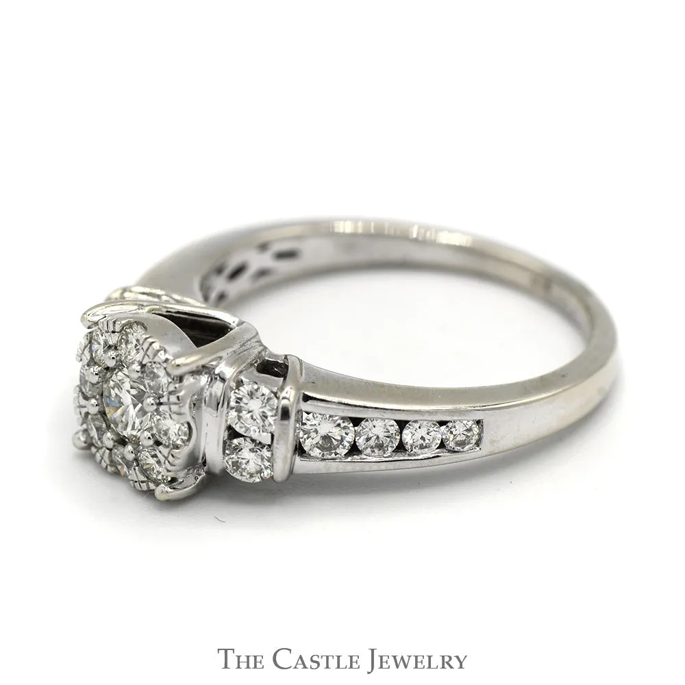 1cttw Diamond Cluster Engagement Ring with Channel Set Accents in 14k White Gold