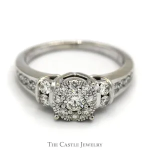 1cttw Diamond Cluster Engagement Ring with Channel Set Accents in 14k White Gold