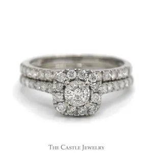 1cttw Round Diamond Bridal Set with Diamond Halo and Matching Diamond Band in 10k White Gold