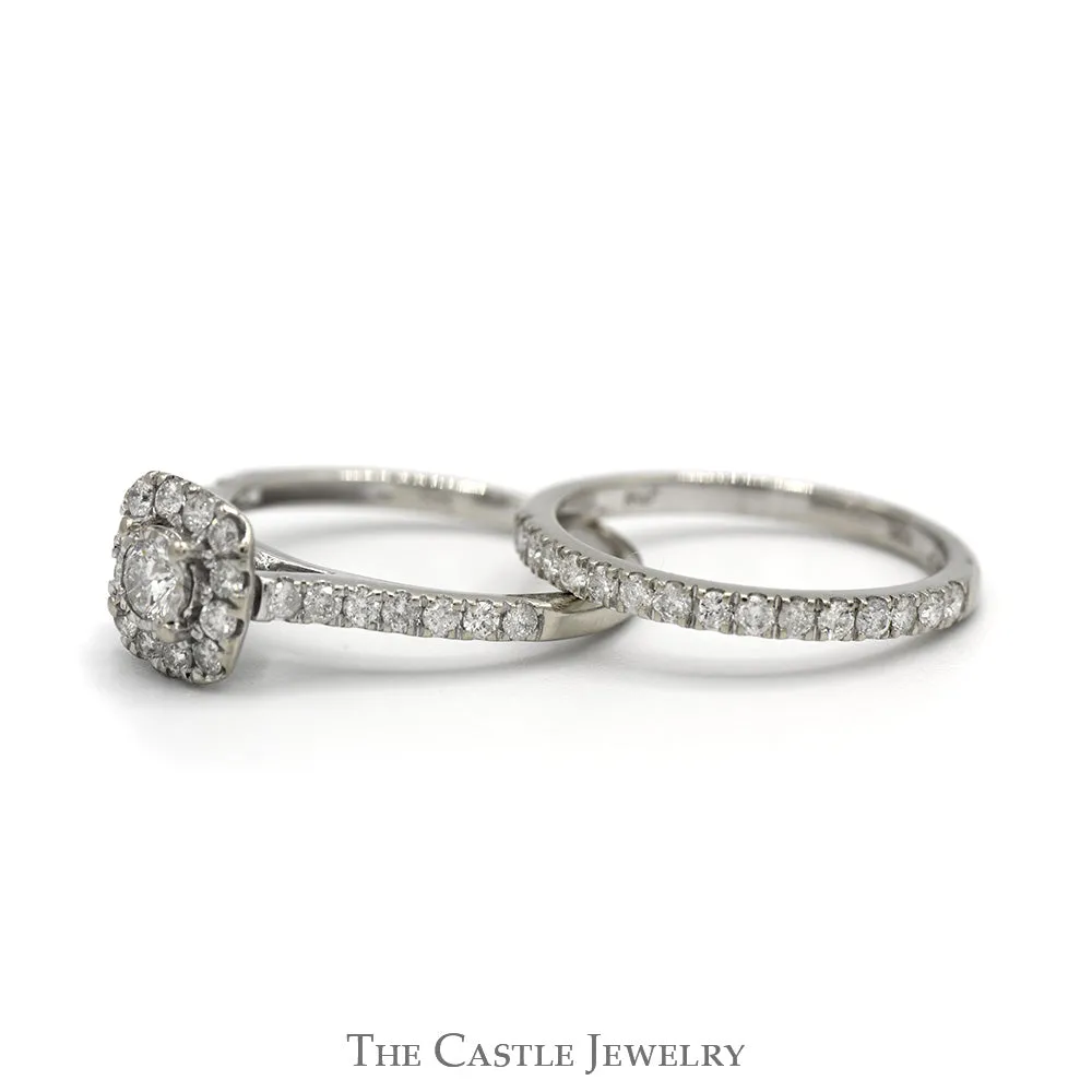 1cttw Round Diamond Bridal Set with Diamond Halo and Matching Diamond Band in 10k White Gold