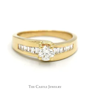 1cttw Round Diamond Solitaire Engagement Ring with Channel Baguette Cut Diamond Accents in 14k Yellow Gold