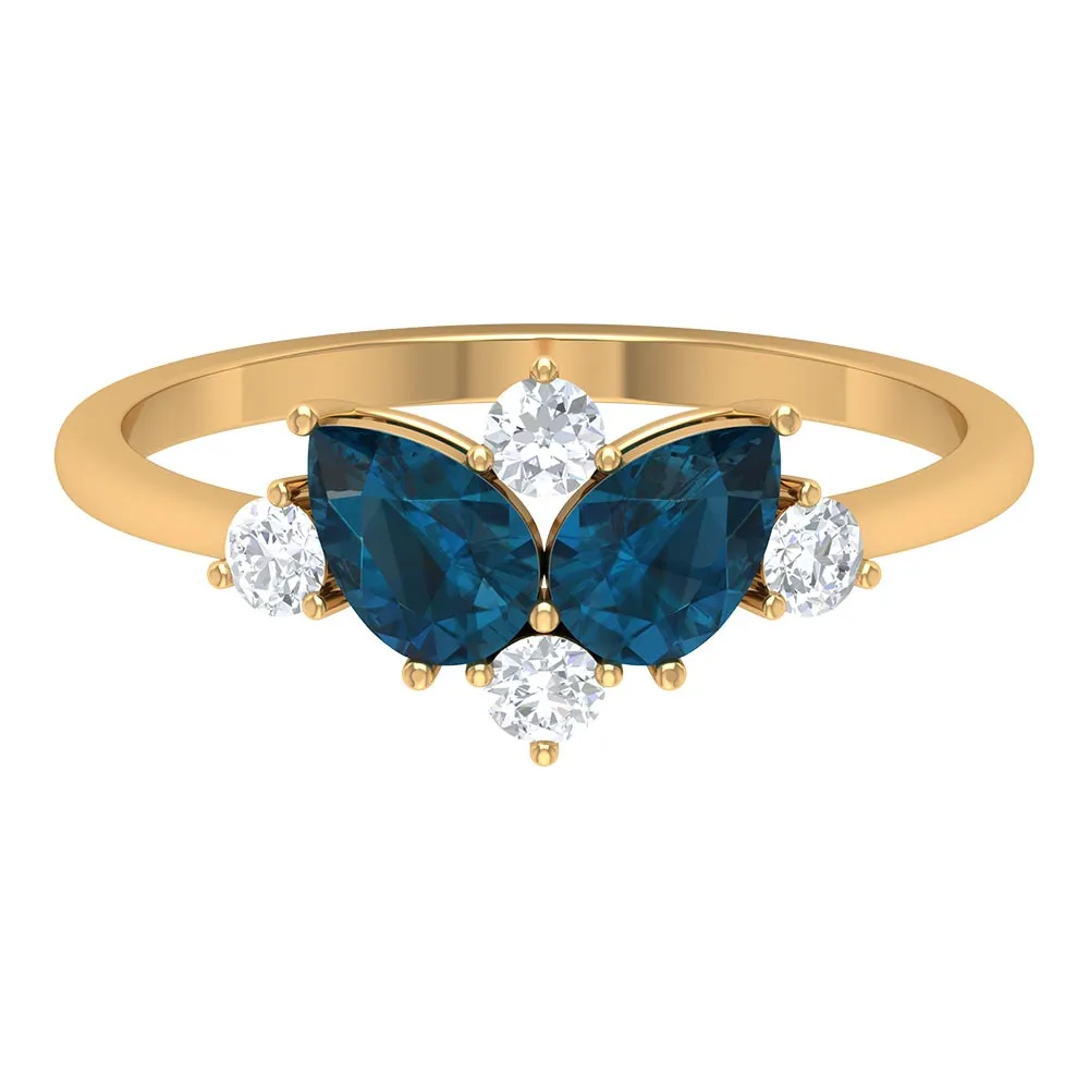 2 CT Pear Shape London Blue Topaz and Diamond Cluster Promise Ring