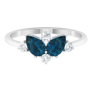 2 CT Pear Shape London Blue Topaz and Diamond Cluster Promise Ring