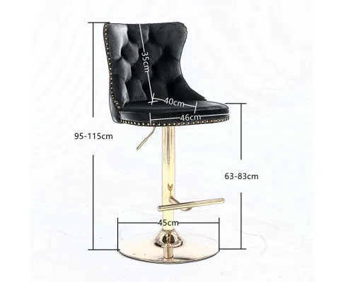 2x Height Adjustable Swivel Bar Stool Velvet Studs Barstool with Footrest and Golden Base- Grey