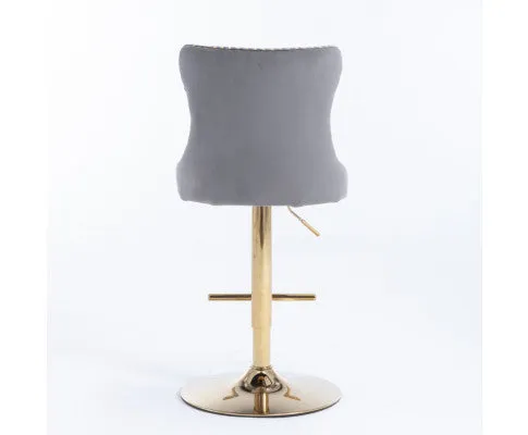 2x Height Adjustable Swivel Bar Stool Velvet Studs Barstool with Footrest and Golden Base- Grey