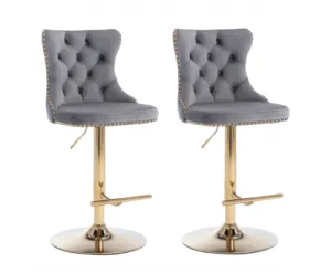 2x Height Adjustable Swivel Bar Stool Velvet Studs Barstool with Footrest and Golden Base- Grey