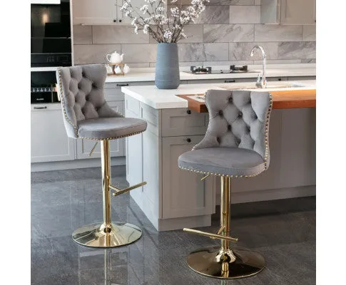 2x Height Adjustable Swivel Bar Stool Velvet Studs Barstool with Footrest and Golden Base- Grey