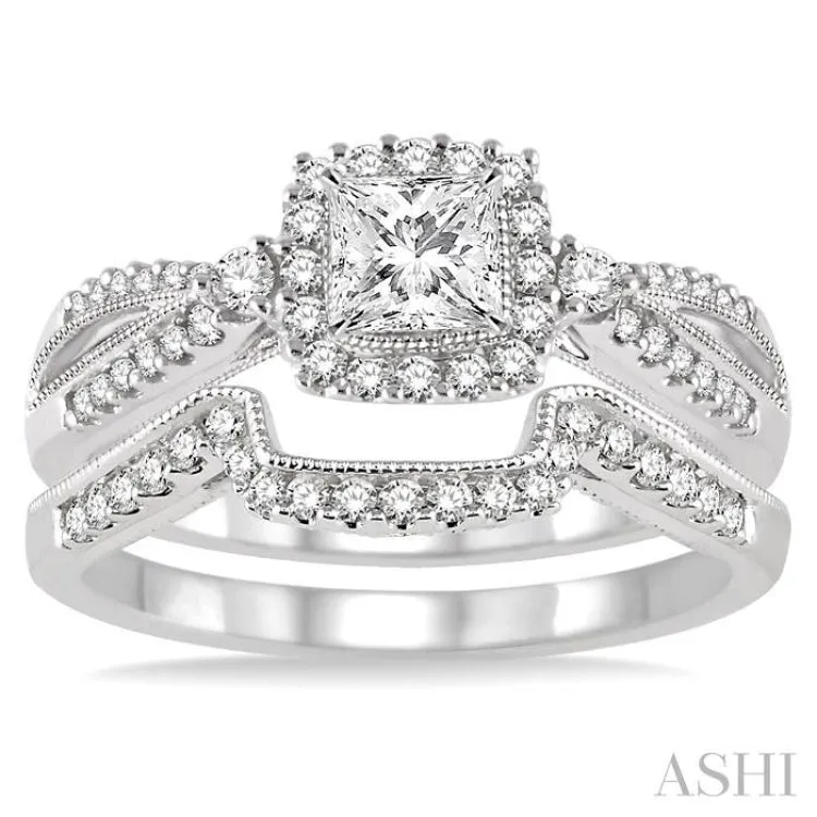 5/8 Ctw Diamond Wedding Set with 1/2 Ctw Princess Cut Engagement Ring and 1/6 Ctw Wedding Band in 14K White Gold