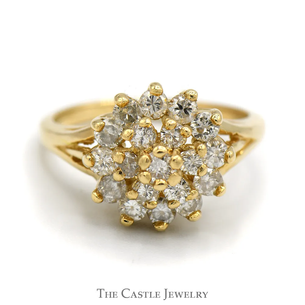 .85cttw Round Diamond Cocktail Cluster Ring in 14k Yellow Gold Split Shank Setting