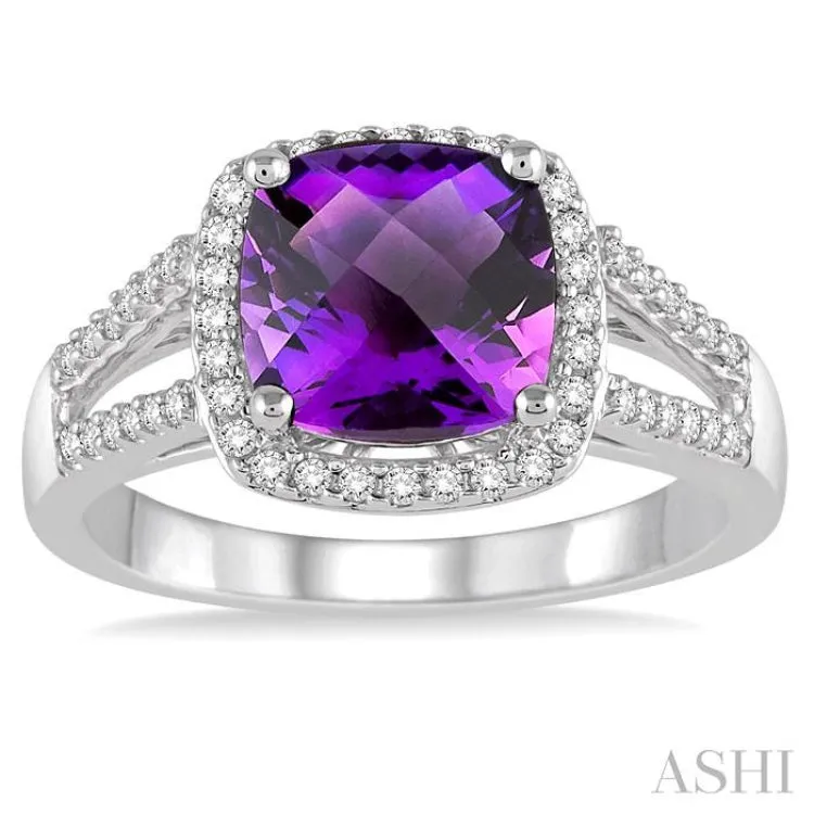 8x8 MM Cushion Cut Amethyst and 1/4 Ctw Round cut Diamond Ring in 10K White Gold