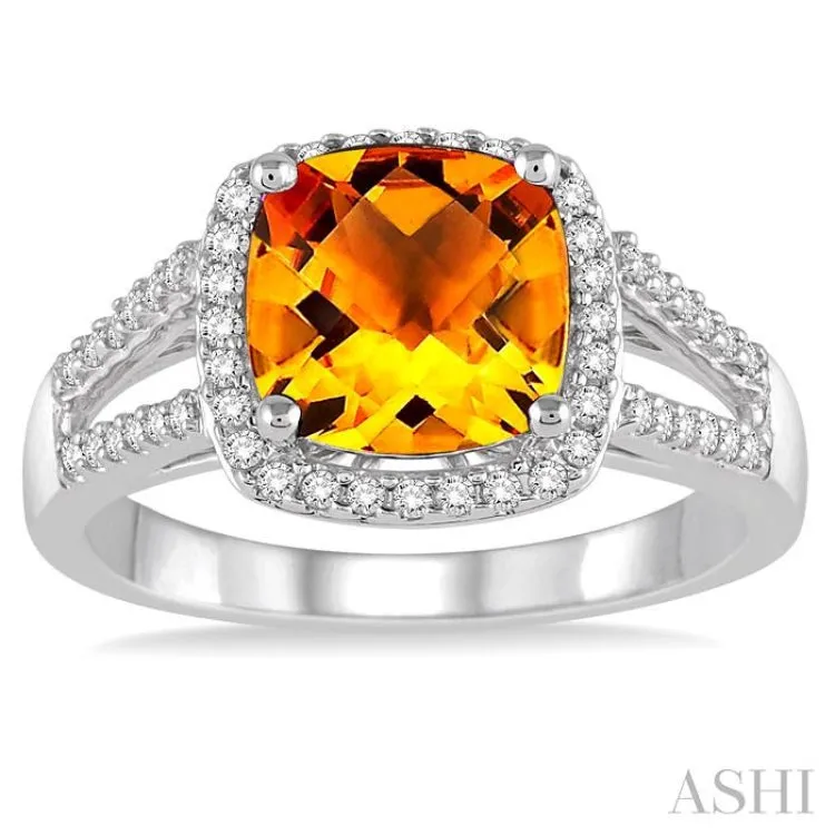 8x8 MM Cushion Cut Citrine and 1/4 Ctw Round cut Diamond Ring in 10K White Gold