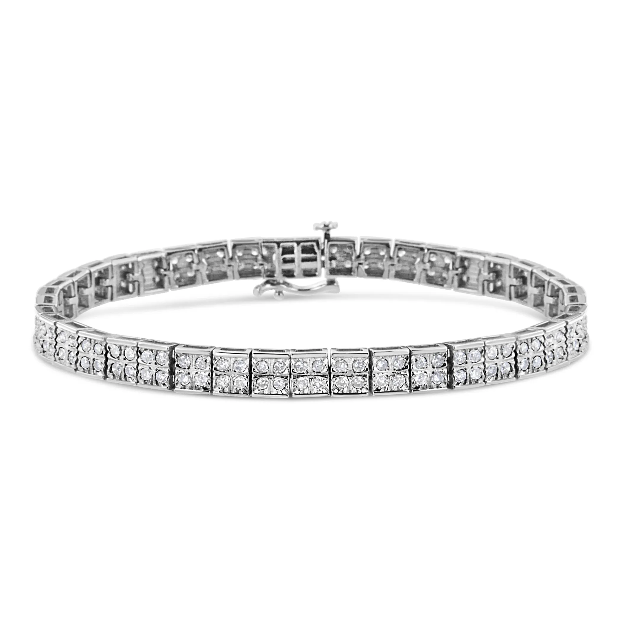 .925 Sterling Silver 2 Cttw Prong Set Round-Cut Diamond 4 Stone Box Link Bracelet (I-J Color, I3 Clarity) - 7.25"