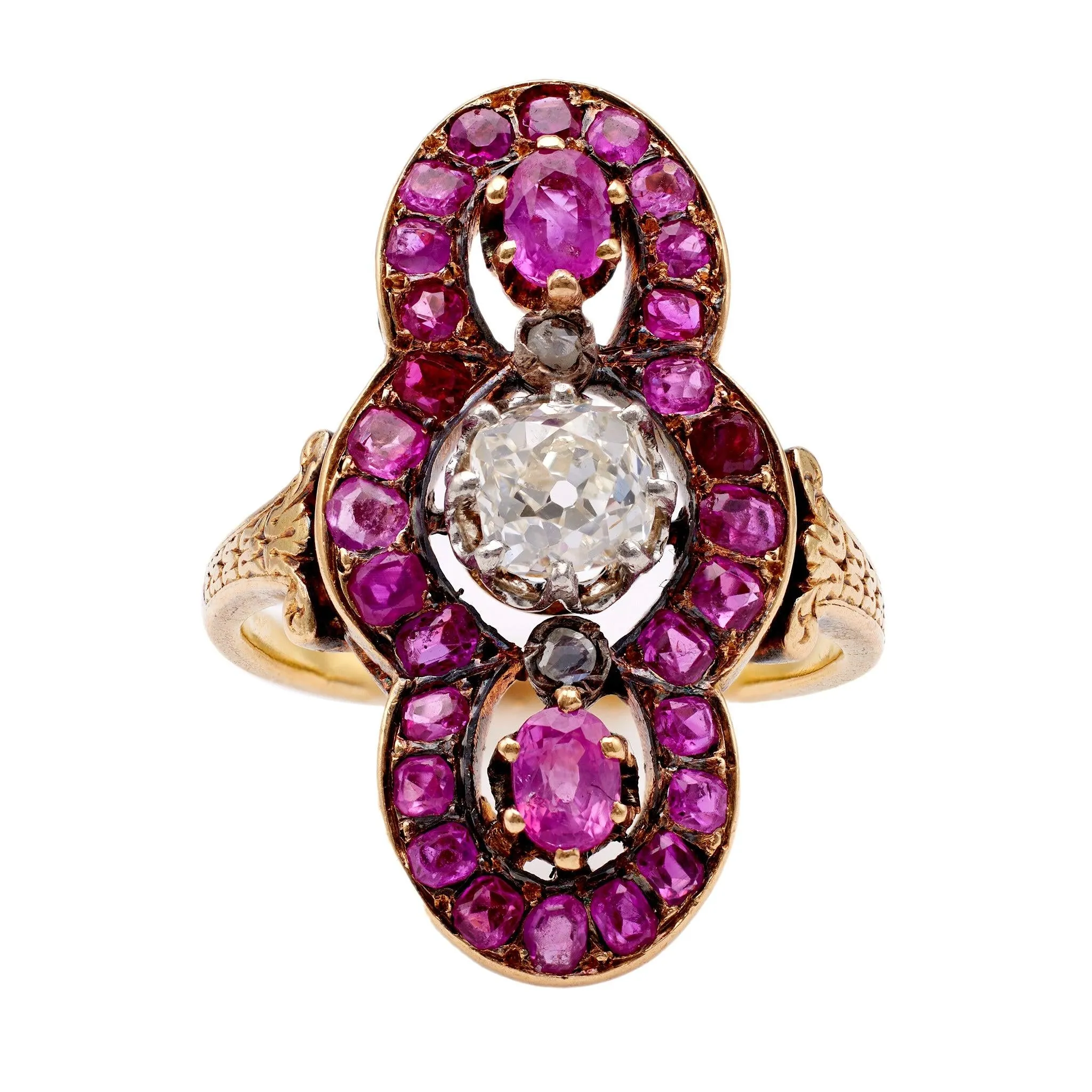 Antique French Diamond and Ruby 18k Yellow Gold Ring