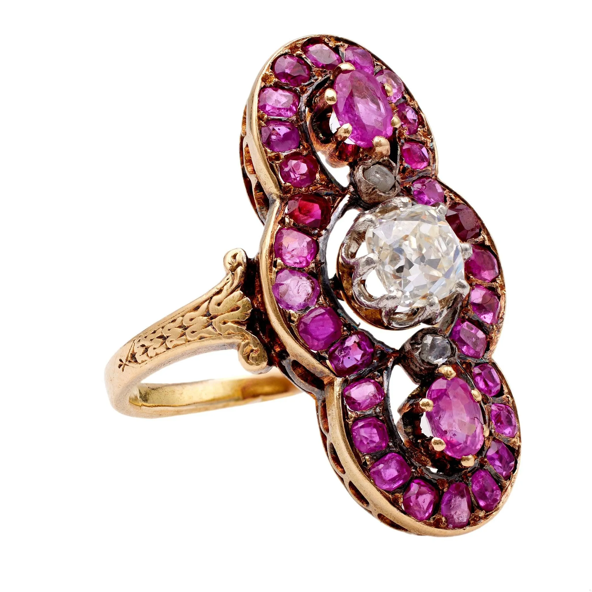 Antique French Diamond and Ruby 18k Yellow Gold Ring