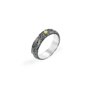 Apostolos 5.5 mm Textured Oxidized Silver Ring with Diamond and 18K Gold