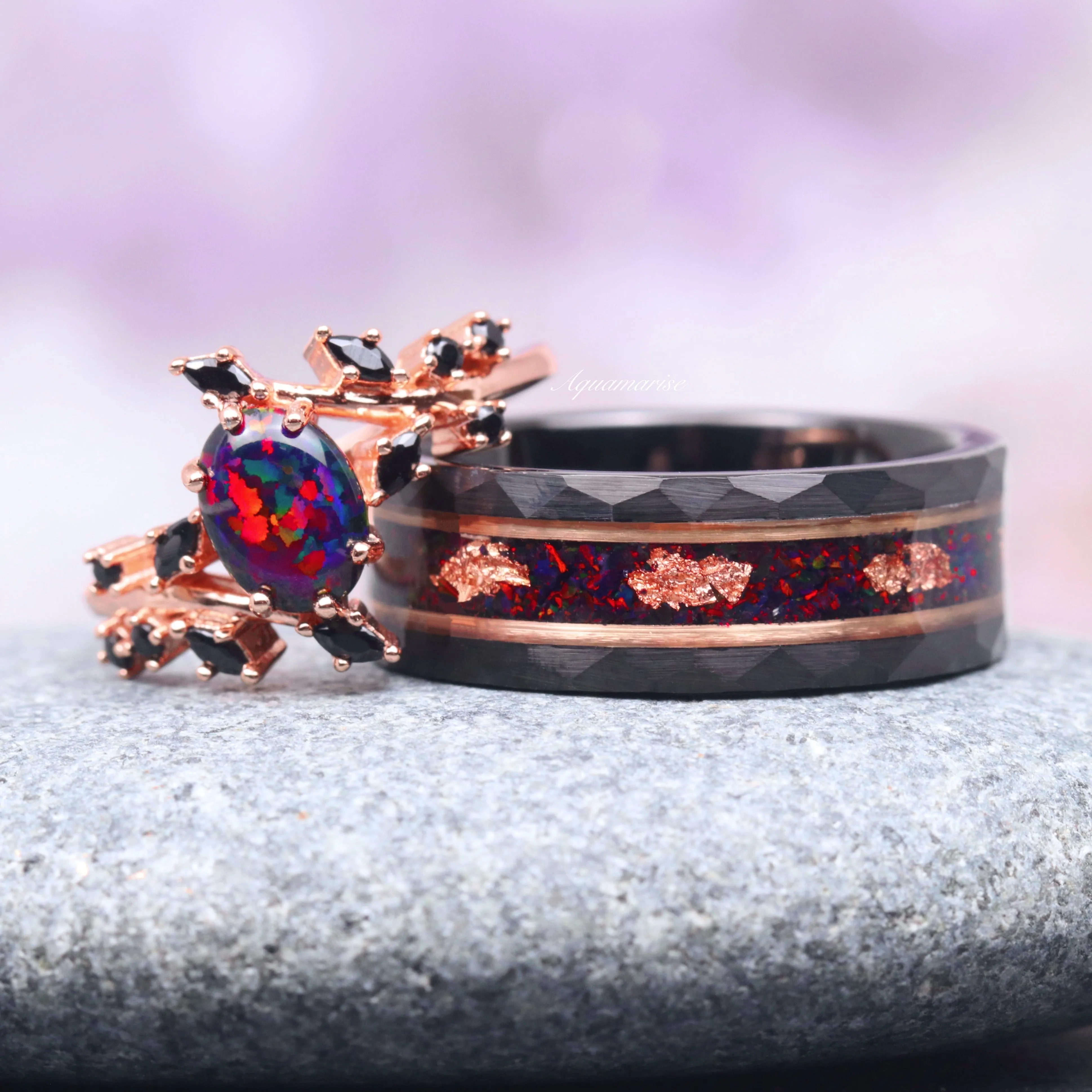 Black Fire Opal & Rose Gold Leaf Wedding Band- 8MM Rose Gold/ Black Tungsten