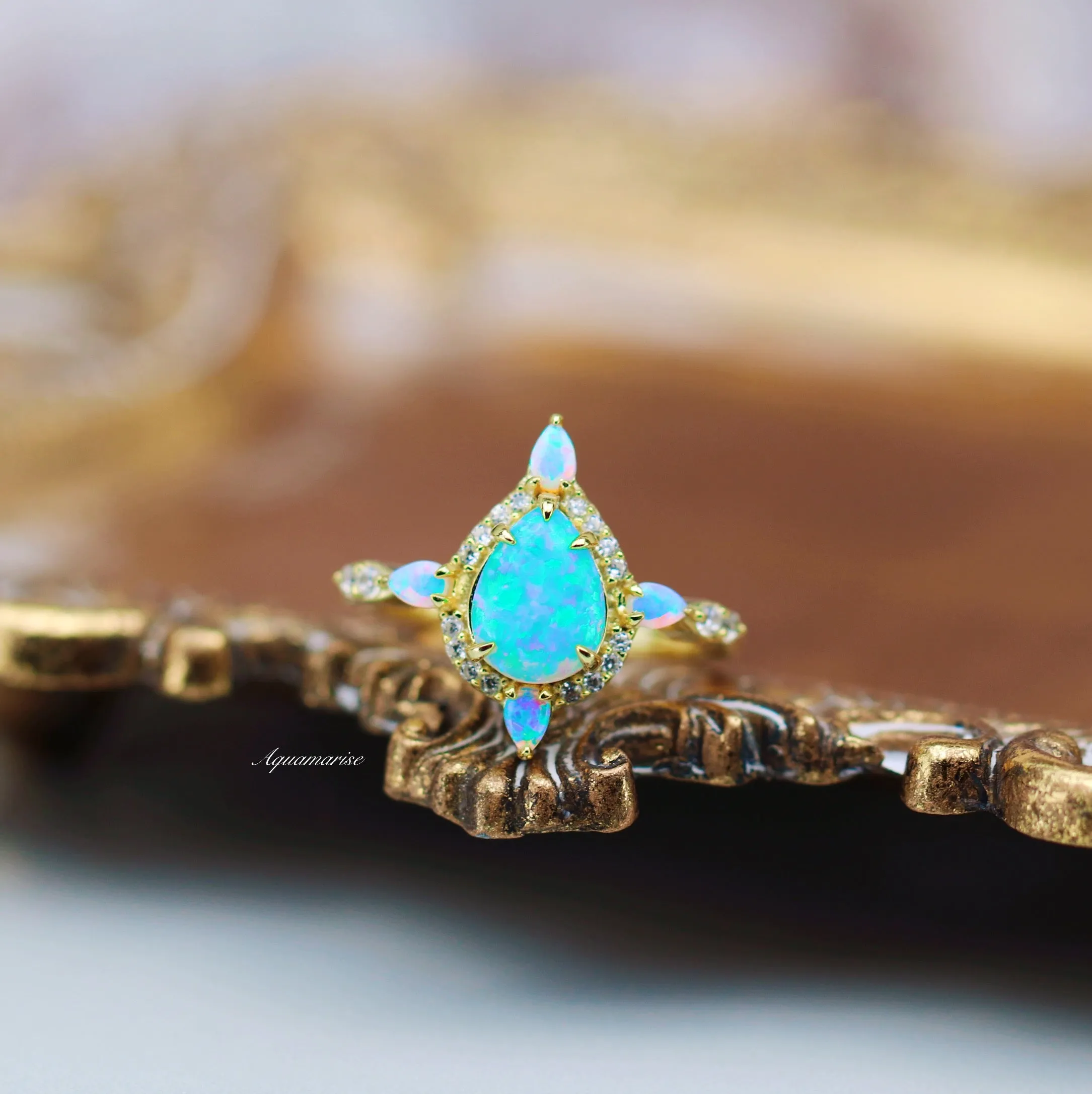 Blue Fire Opal & Crushed Diamond (cz) Couples Ring