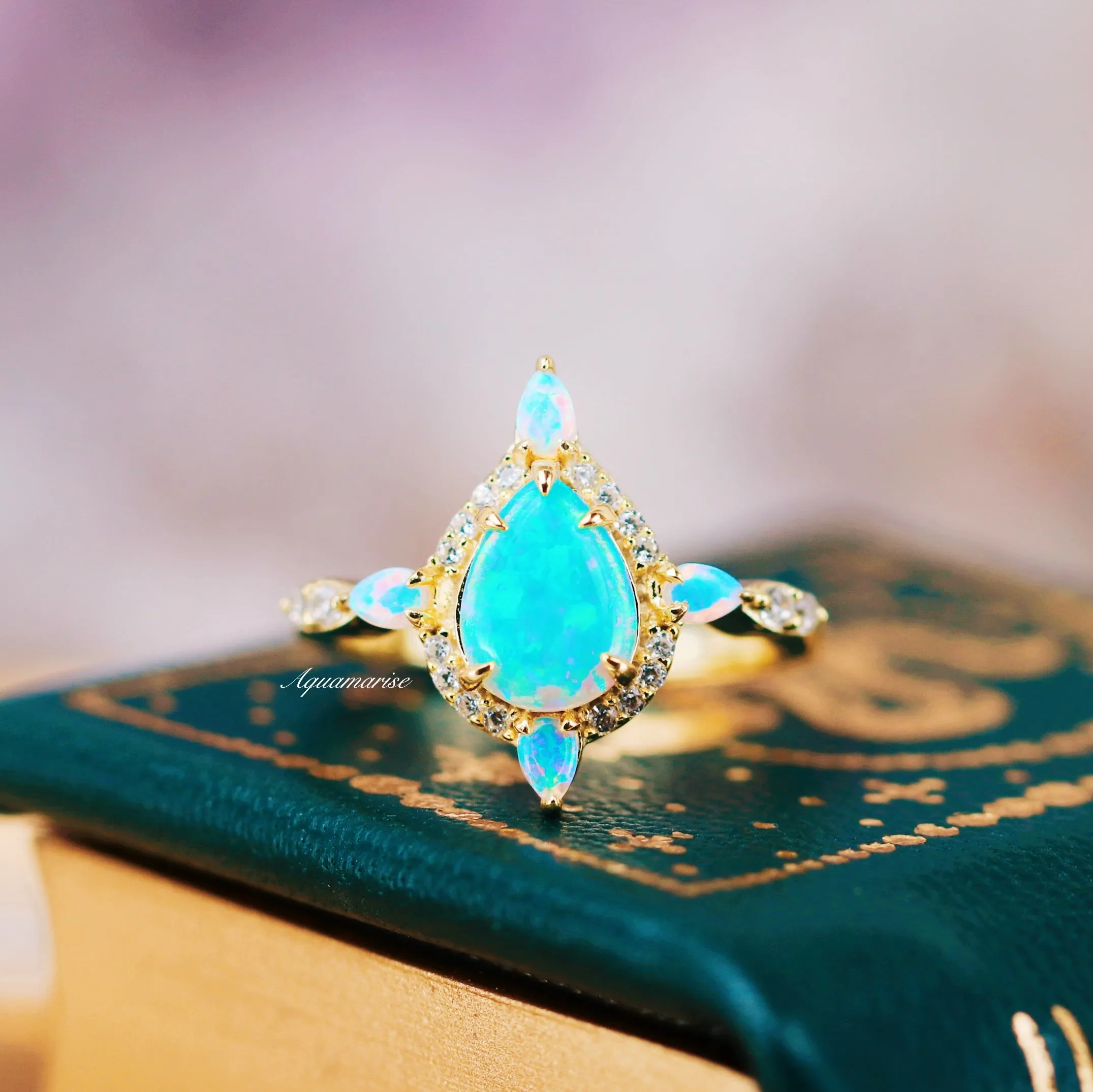 Blue Fire Opal & Crushed Diamond (cz) Couples Ring