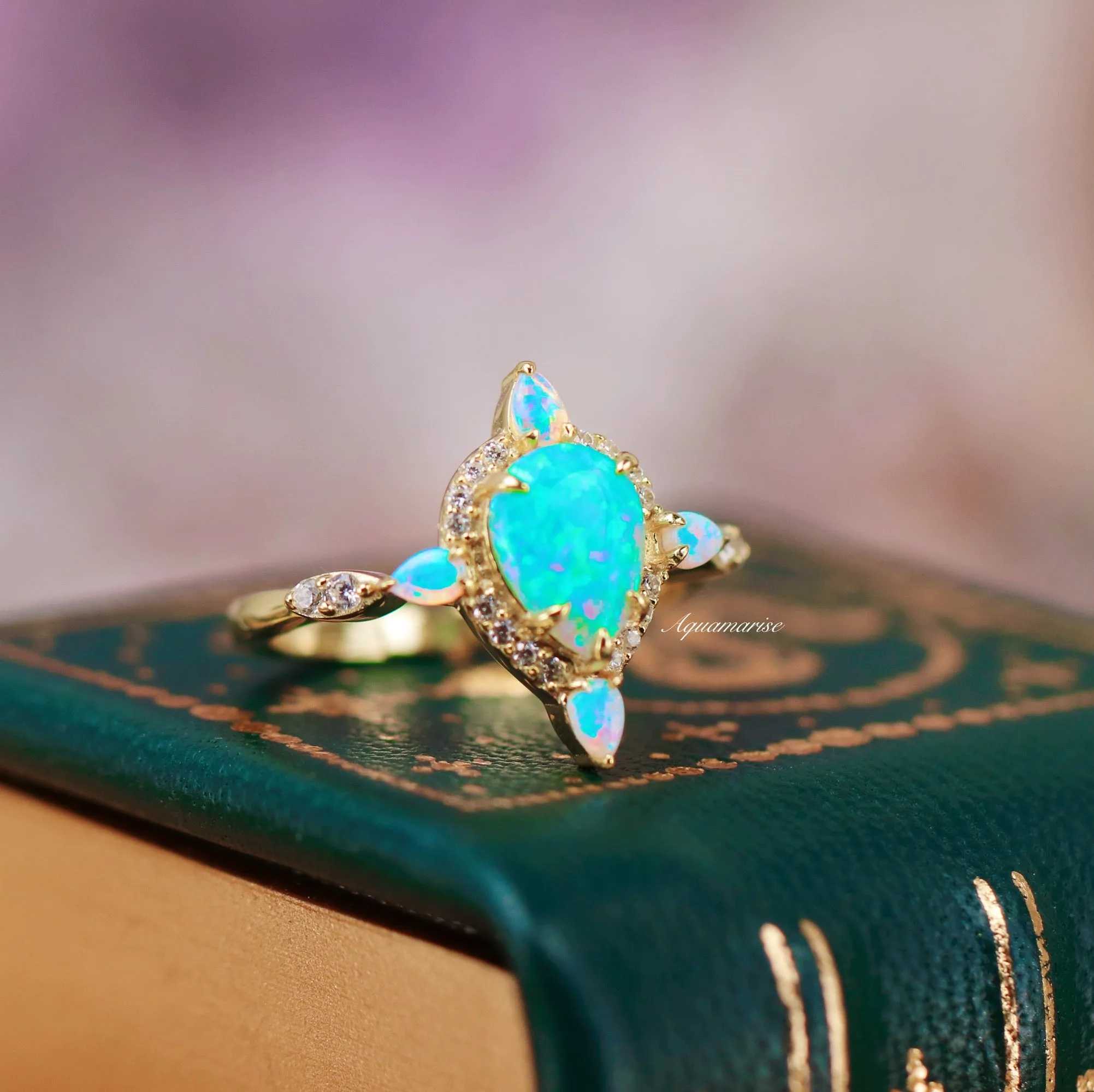 Blue Fire Opal & Crushed Diamond (cz) Couples Ring