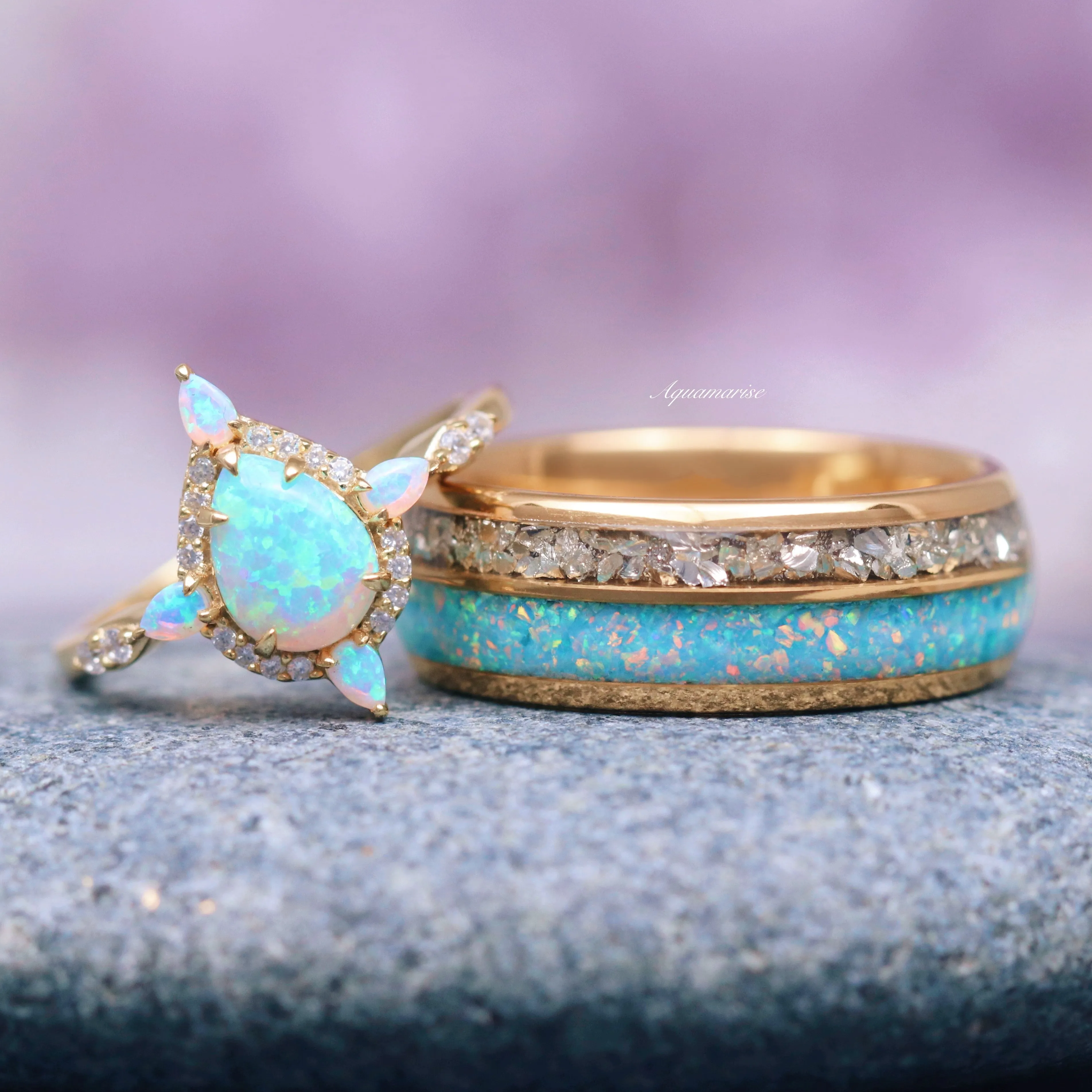 Blue Fire Opal & Crushed Diamond (cz) Couples Ring