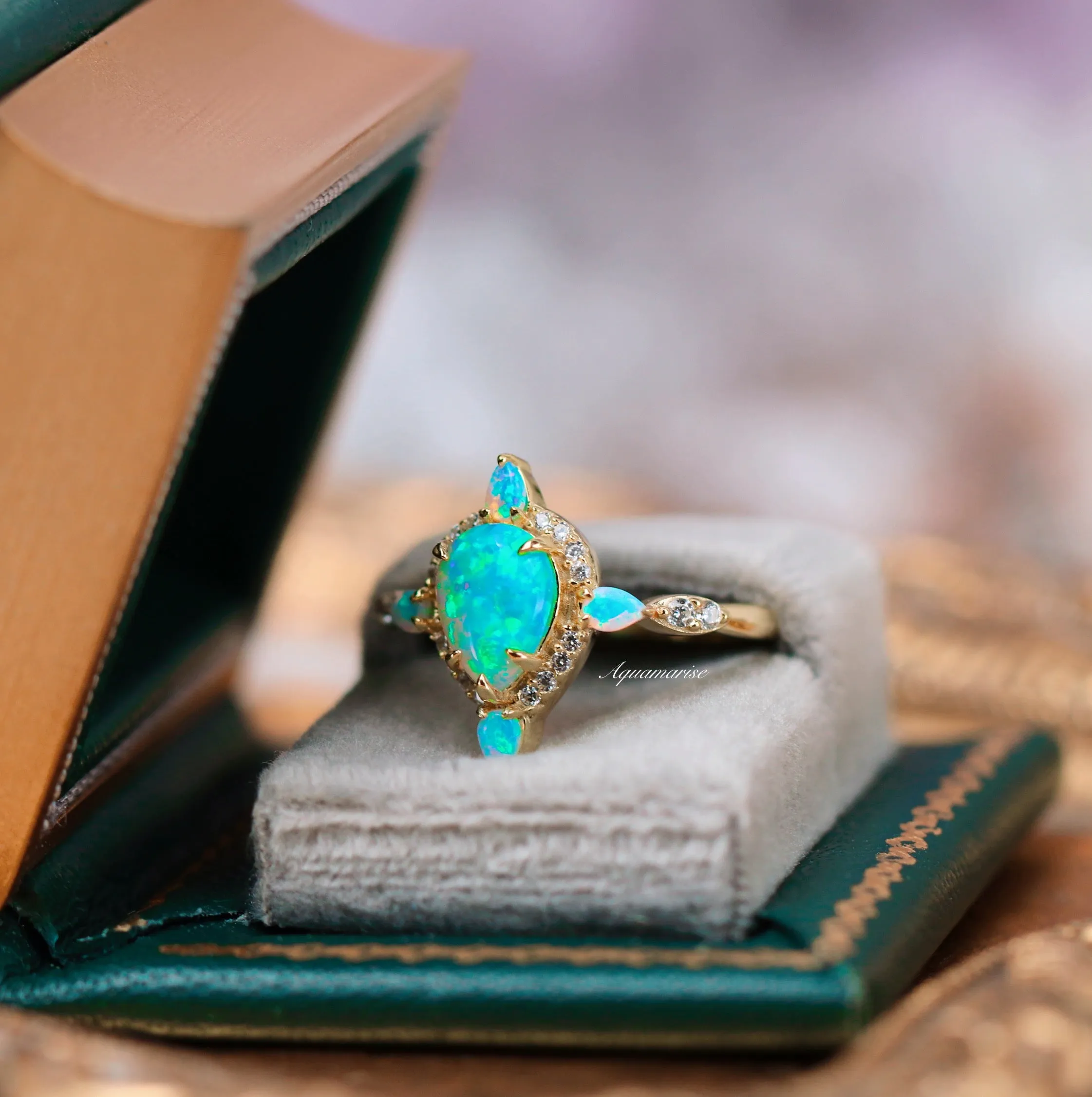 Blue Fire Opal & Crushed Diamond (cz) Couples Ring