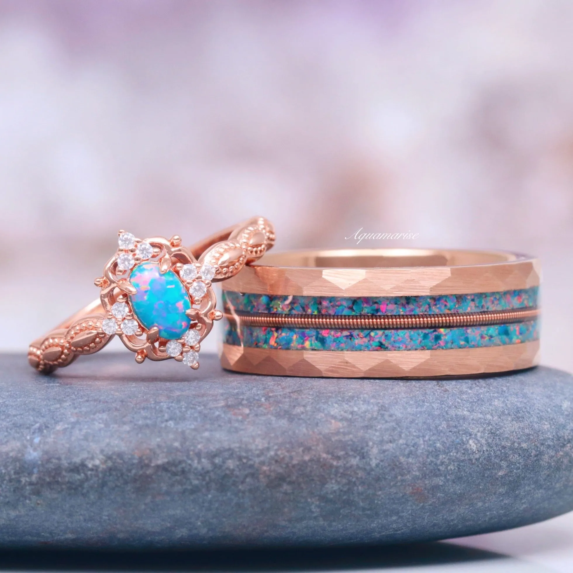 Blue Fire Opal & Guitar String Couples Ring