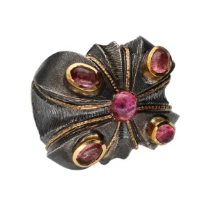 Bora Jewelry Sterling Silver & Bronze Ring w/ Four Pink Sapphire Cabochons & One Pink Tourmaline