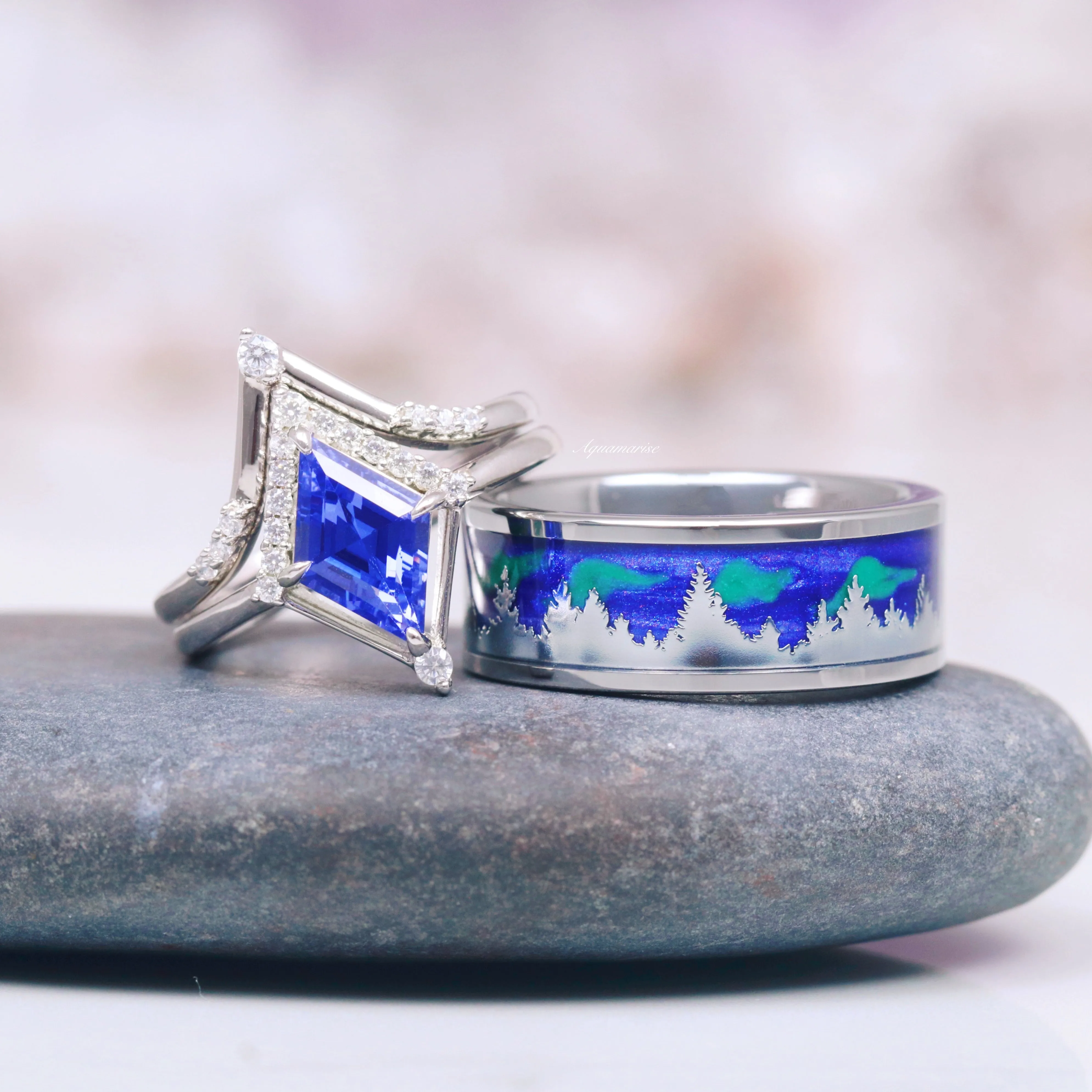 Borealis & Tanzanite Couples Ring Set- Northern Lights & Trees