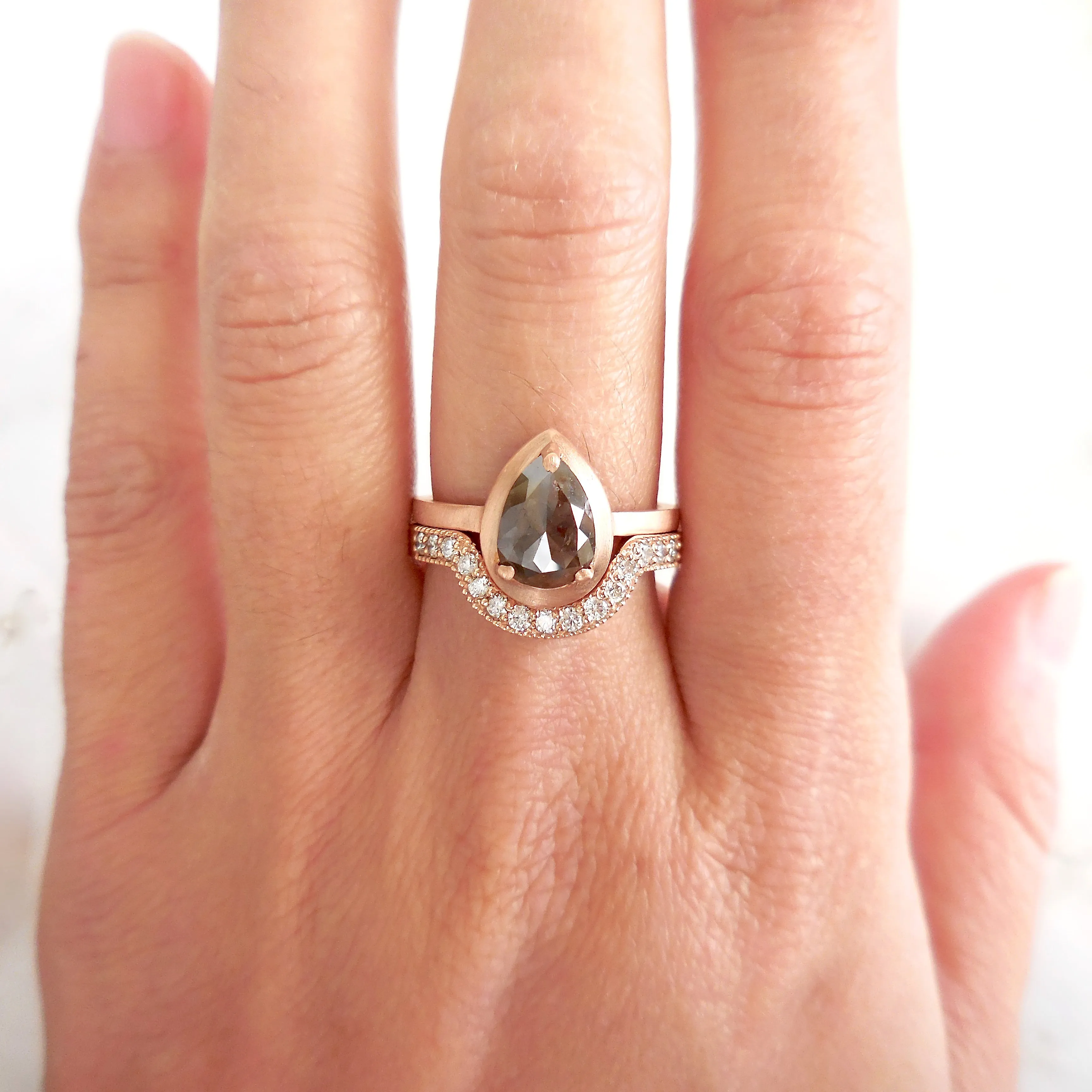 Brown Pear Diamond Engagement Ring - Rose Gold Engagement Rings - Rose Cut Ring Size 6 1/2