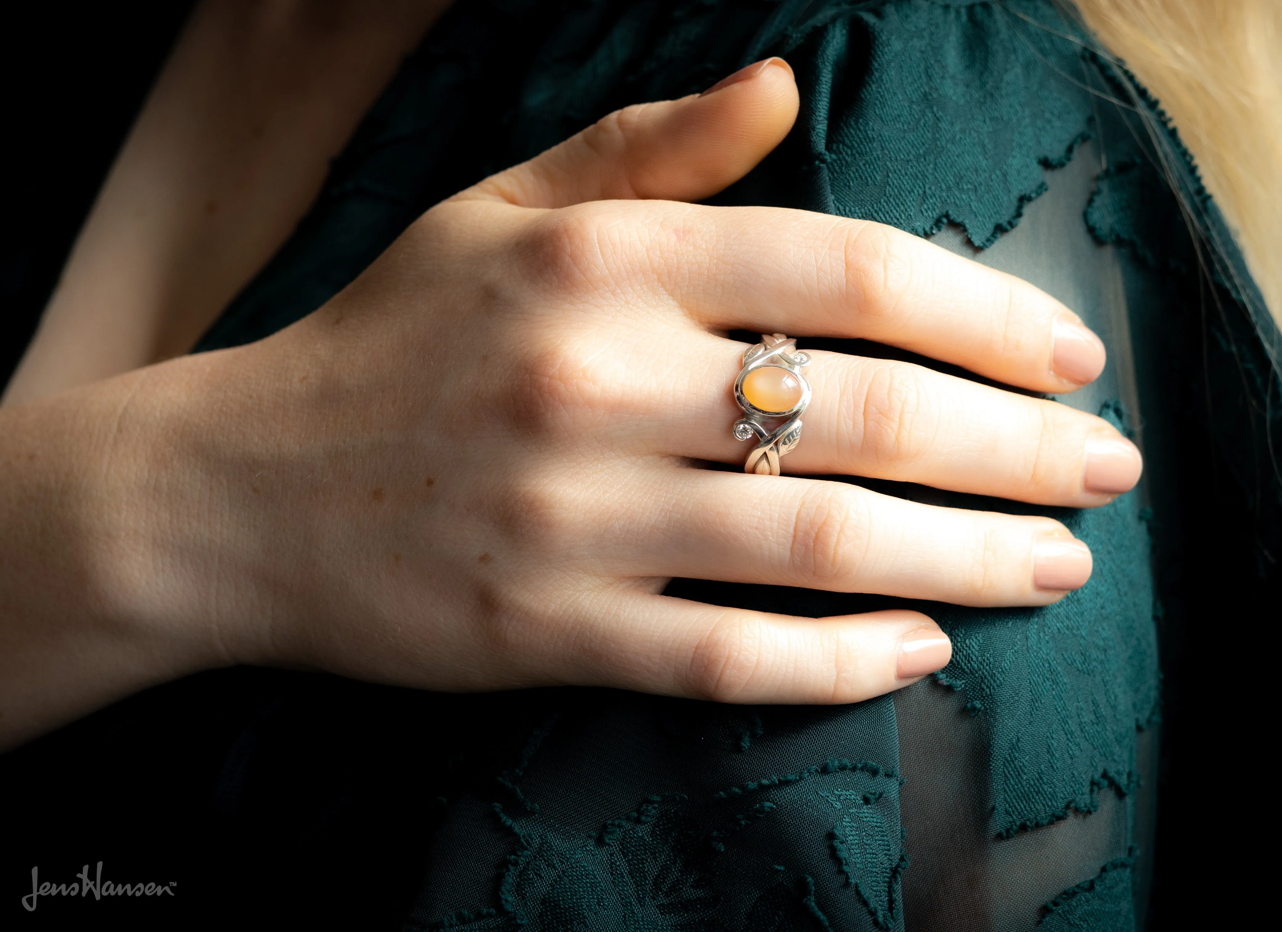 Cabochon Gemstone & Diamond Elvish Vine Ring, White Gold & Platinum